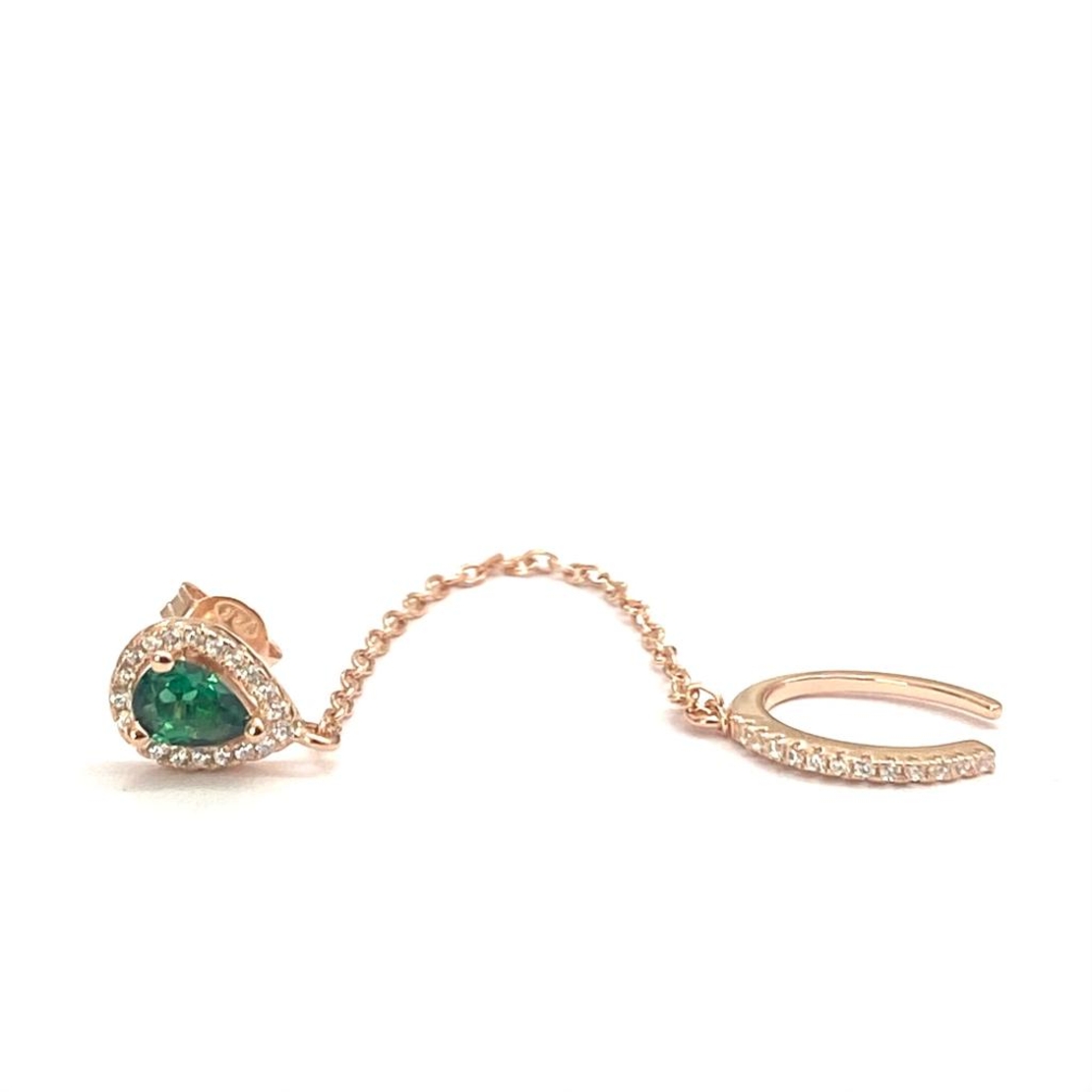עגיל טיפה ירוקה בתוספת שרשרת להליקס ללא חור - כסף 925 בציפוי רוז גולד
