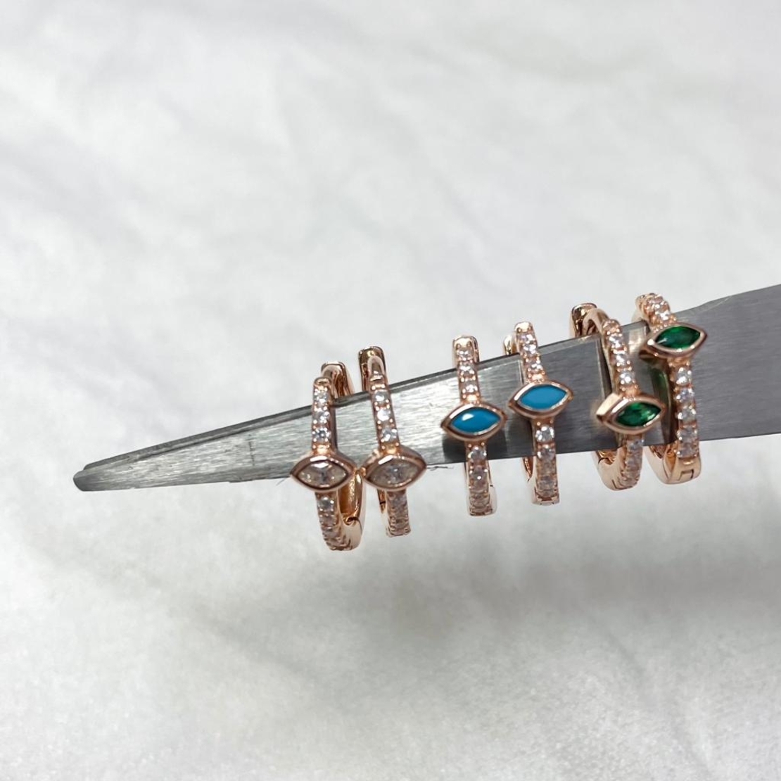 עגילים כסף 925 בציפוי רוז גולד - חישוק צמוד אבן אובלית