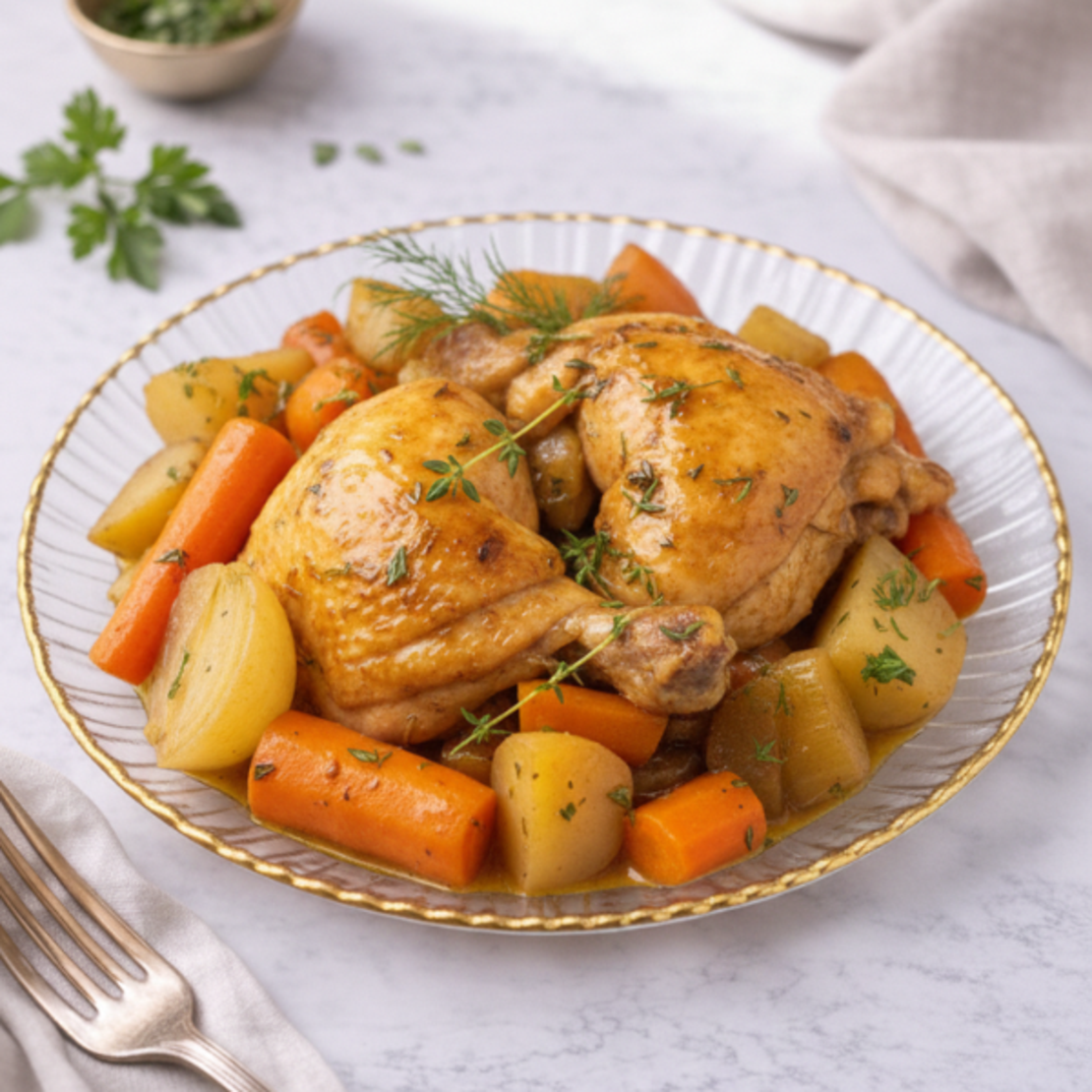 עוף בירקות שורש (גזר, בצל, קולורבי, תפו