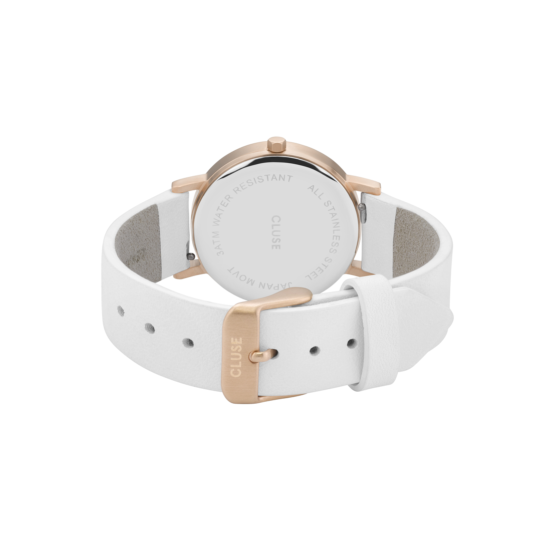 Rose golden stainless steel case, white leather strap, Japanese quartz