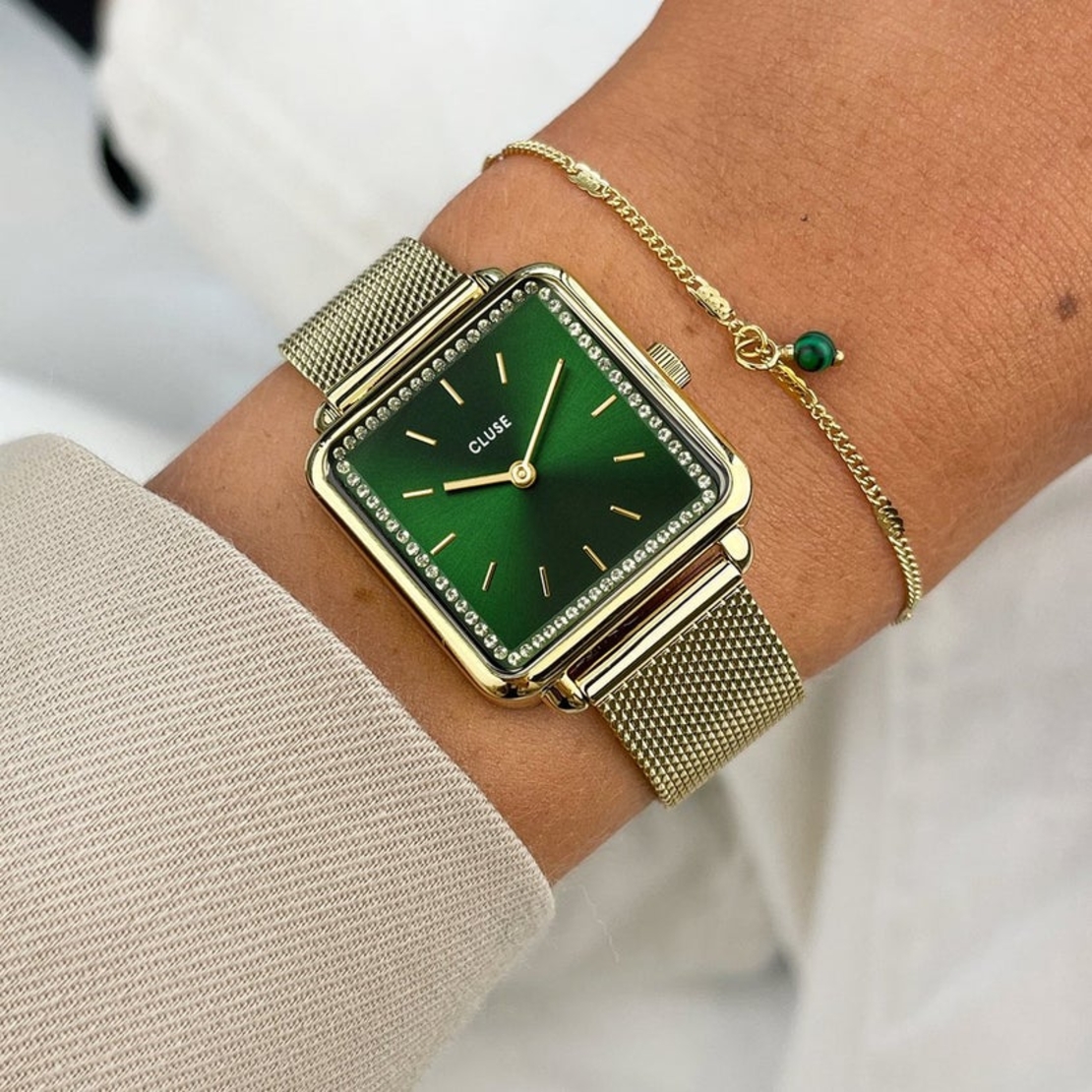 28 5 mm - CG10317 Gift Box La Tétragone Mesh and Malachite Bracelet Gold Colour