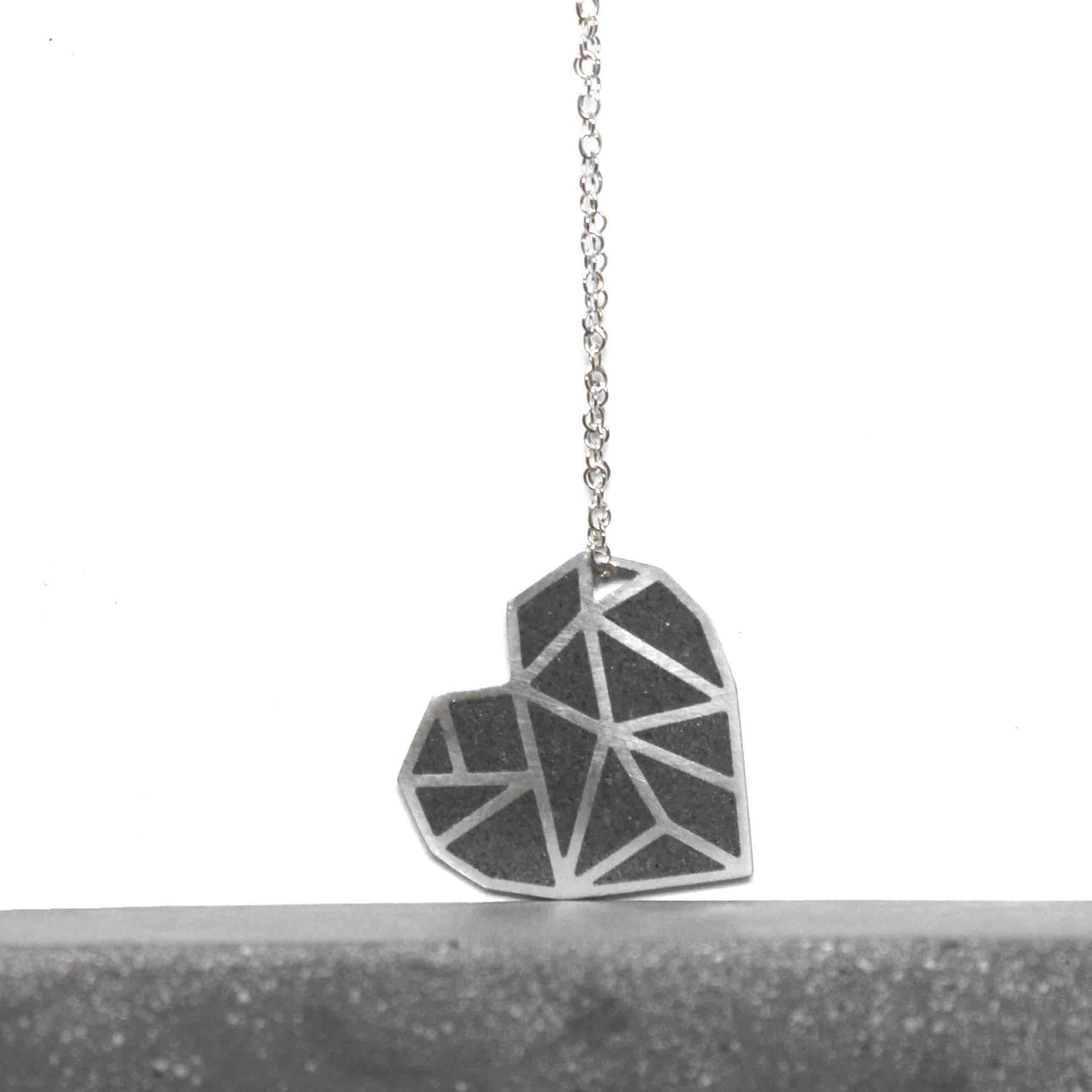 Long Heart Concrete Silver Necklace