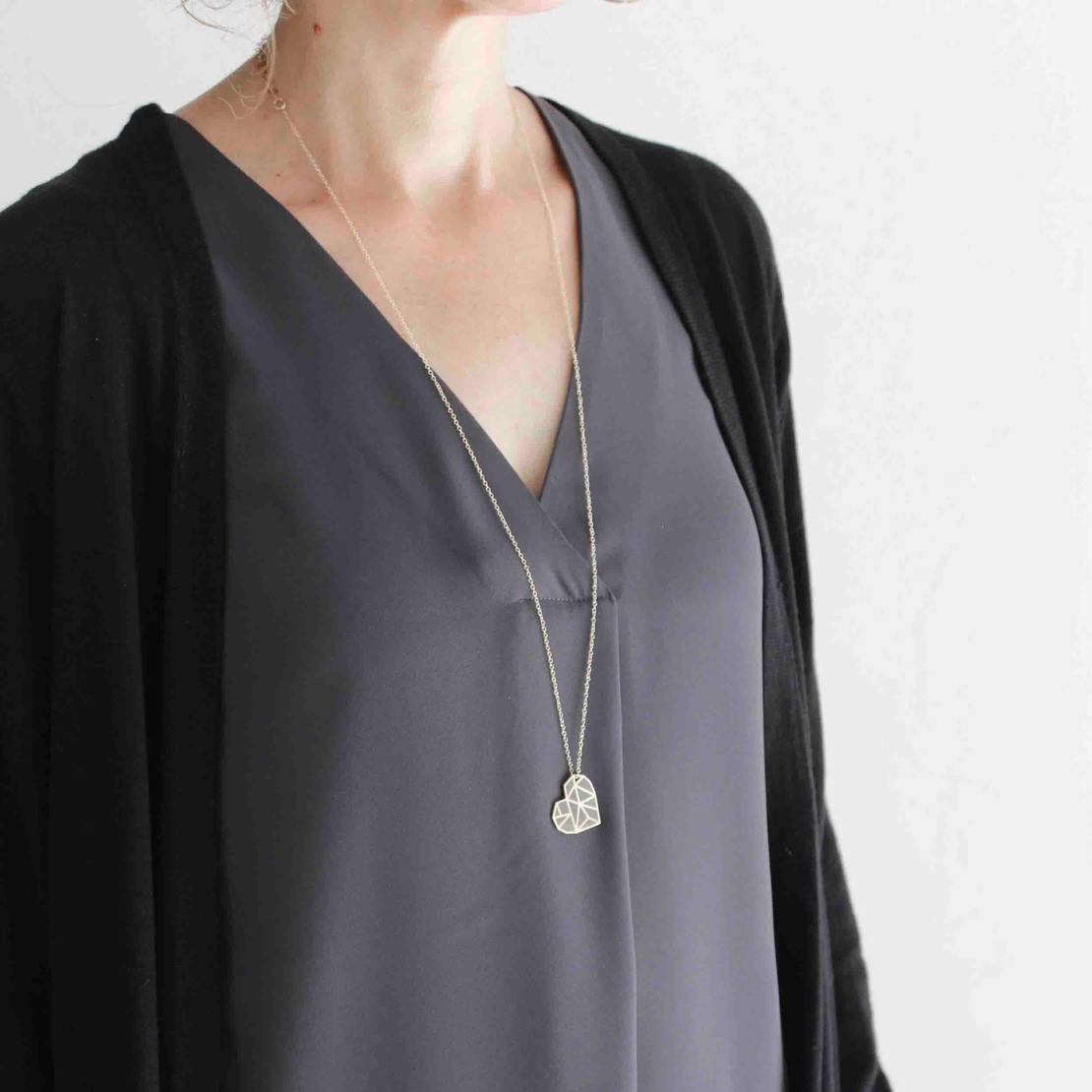 Long Heart Concrete Silver Necklace