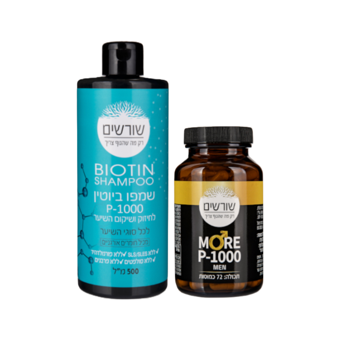 חבילת MUST HAVE FOR MEN שורשים 72 כדורים שמפו, וכמוסות וכמוסות לחיזוק השיער לגבר