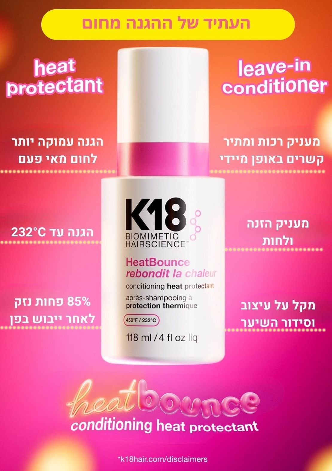 K18 ספריי לריכוך והגנה מחום HeatBounce