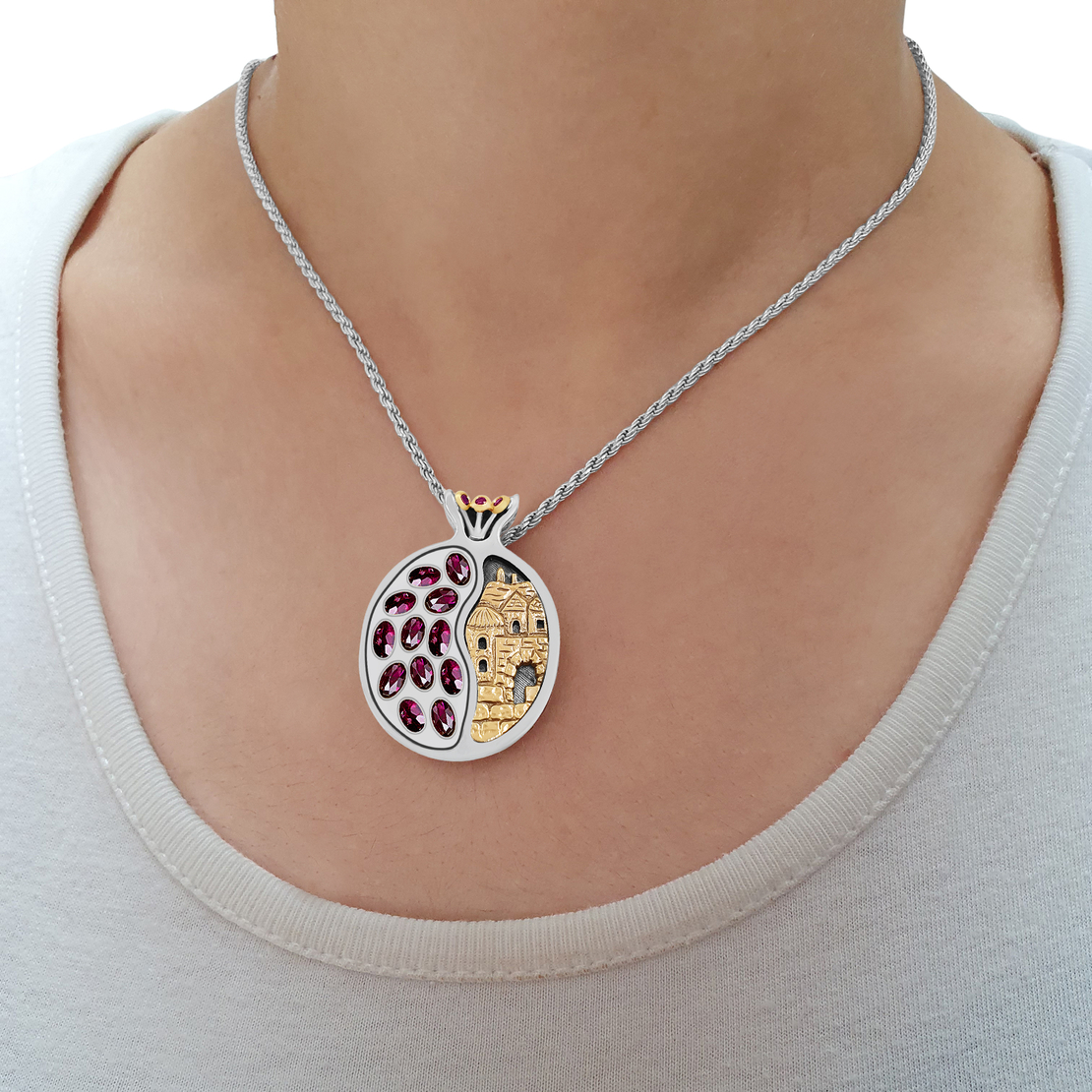 Jerusalem Old City Pomegranate Silver Gold & Garnet Necklace