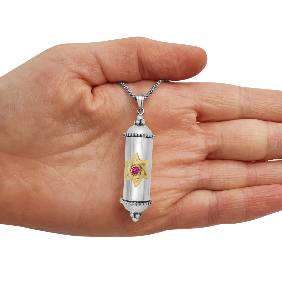 Sterling Silver Amulet Mezuzah Pendant Gold Star of David with Ruby