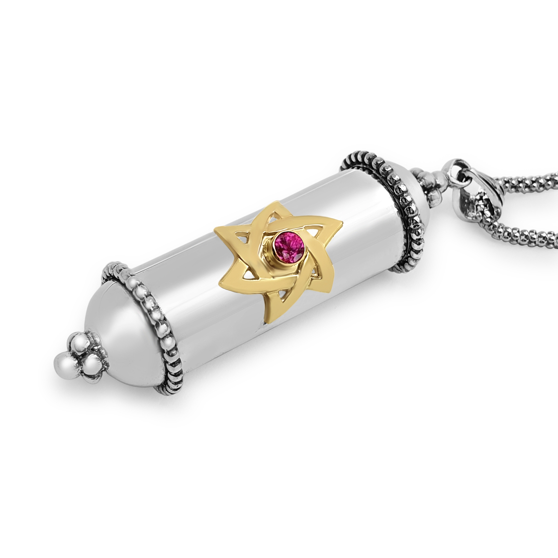 Sterling Silver Amulet Mezuzah Pendant Gold Star of David with Ruby