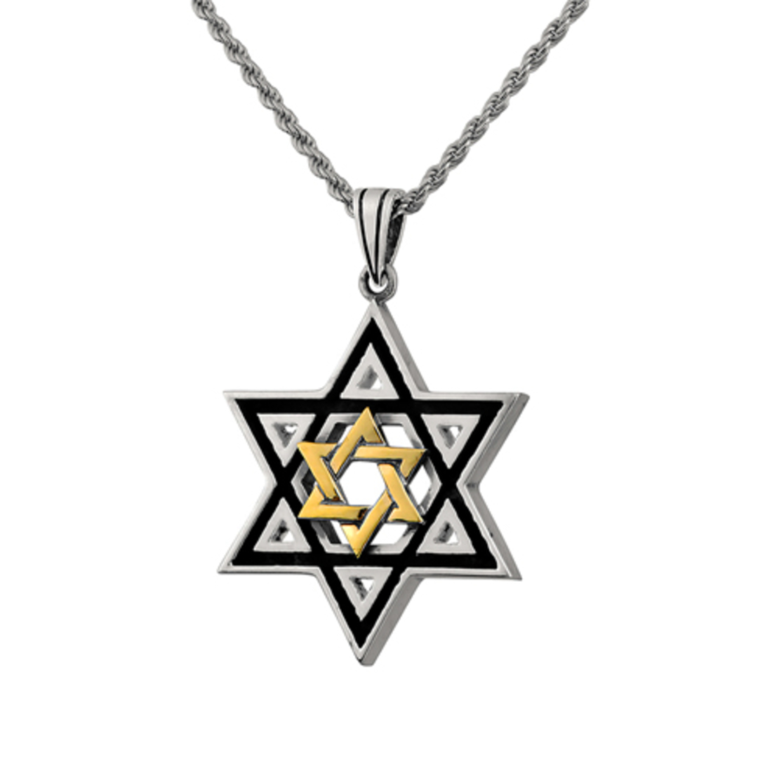 Multiple Star of David Sterling Silver Black Rhodium and Gold Pendant