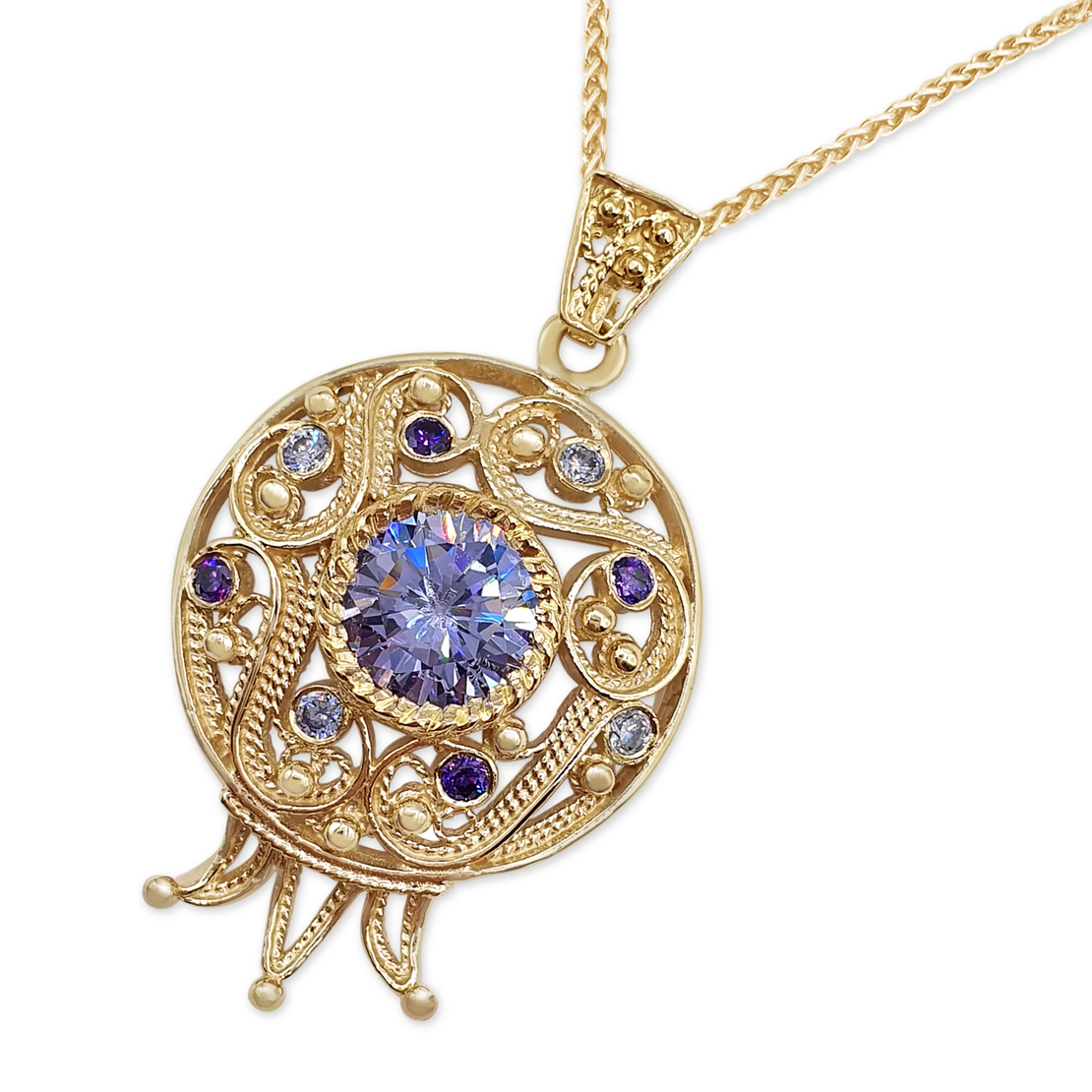 14K Gold Round Filigree Amethyst and Lavender Stone Pomegranate Pendant