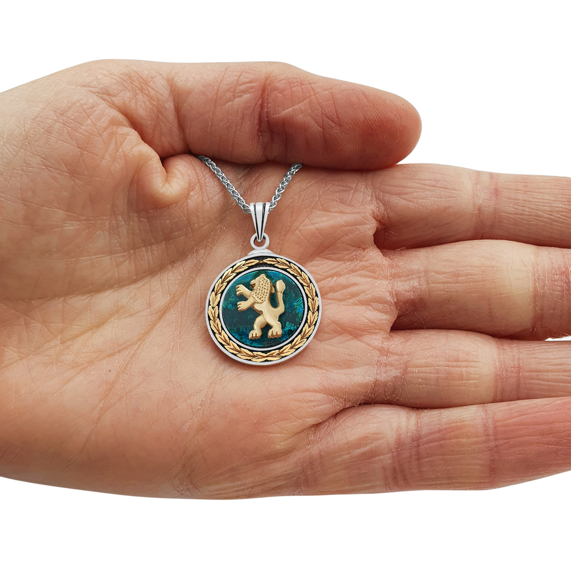 925 Sterling Silver And Gold Round Eilat Stone Lion of Judah Pendant