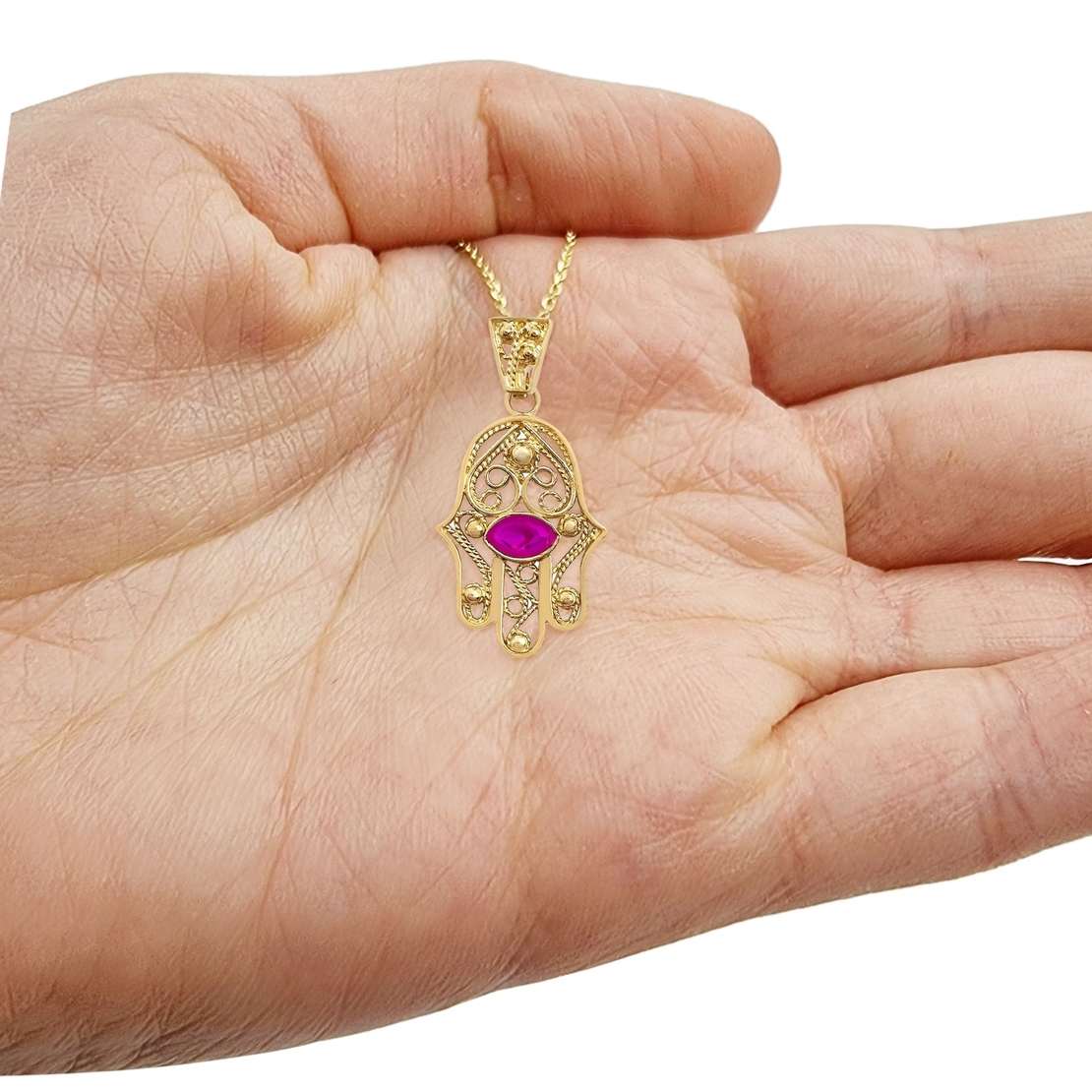 14K Gold Hamsa Filigree Pink Ruby Gemstone Pendant