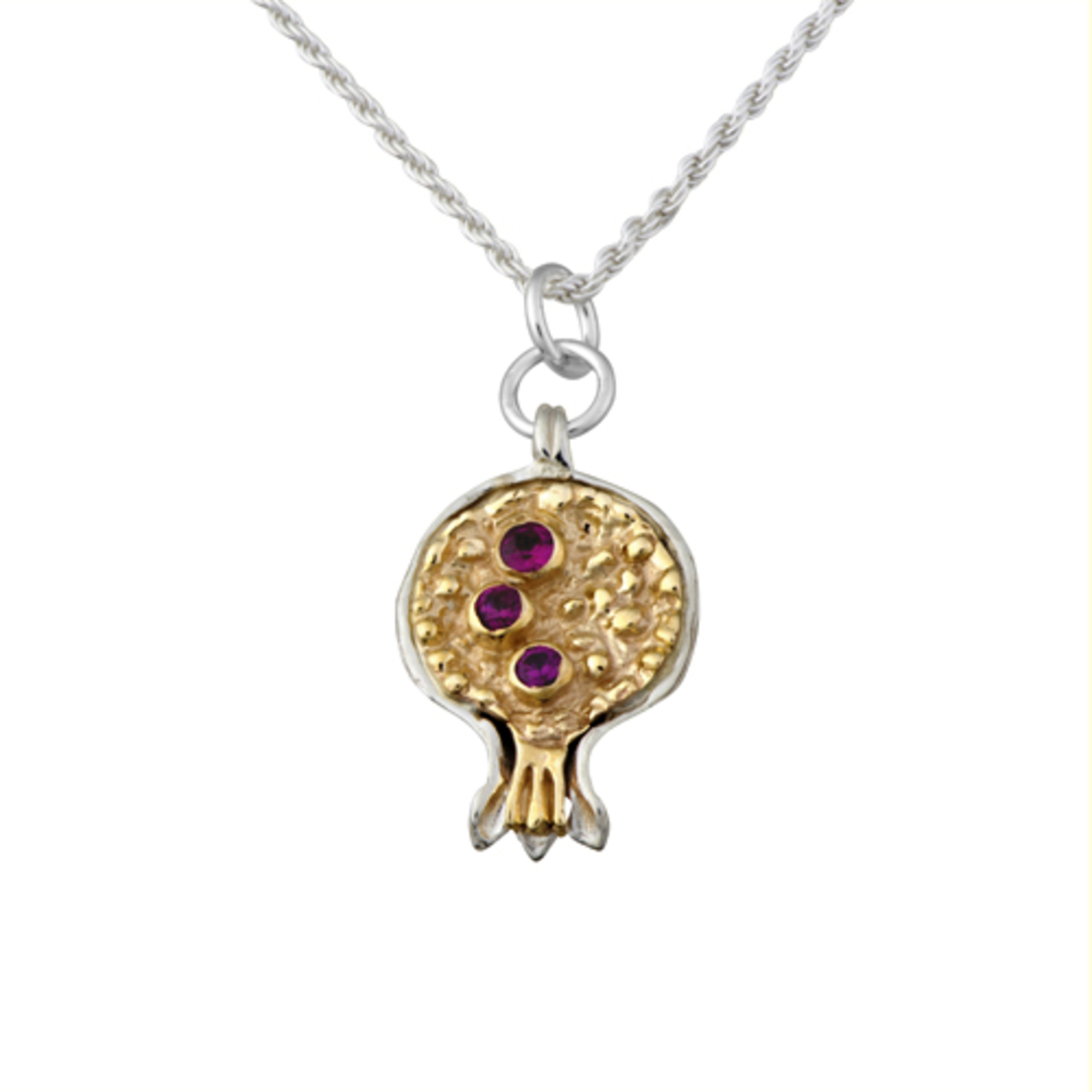 Silver Base Gold Pomegranate with Rubies Pendant Necklace