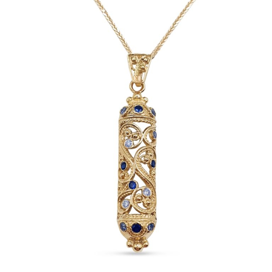 14K Yellow Gold Filigree Half Round Mezuzah Pendant with Sapphire and Lavender Stones