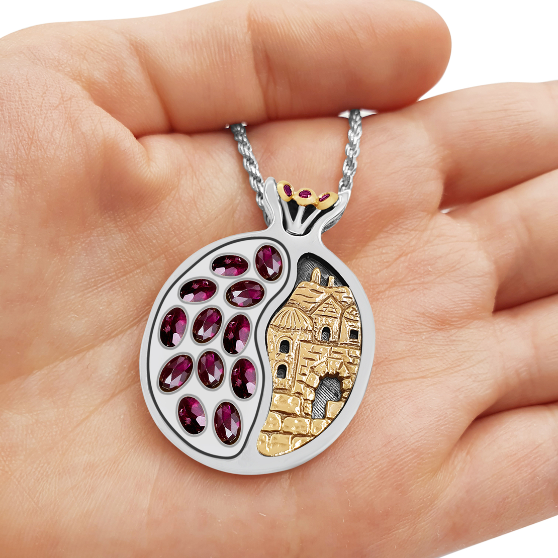 Jerusalem Old City Pomegranate Silver Gold & Garnet Necklace