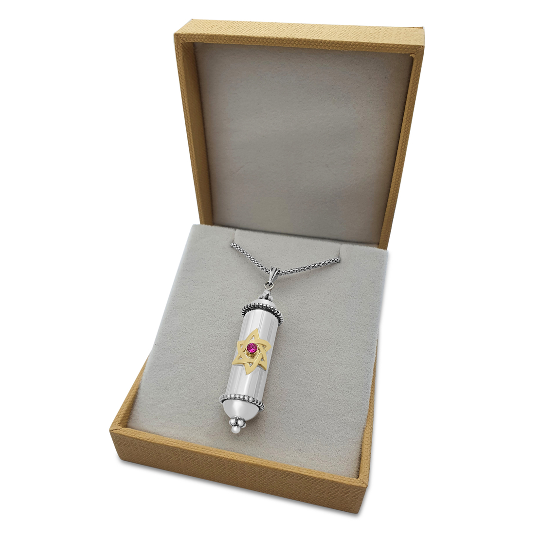 Sterling Silver Amulet Mezuzah Pendant Gold Star of David with Ruby