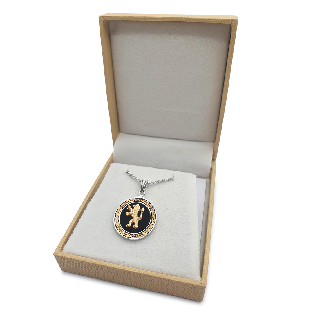 925 Sterling Silver and 14k Gold Lion of Judah Pendant with Round Onyx Stone