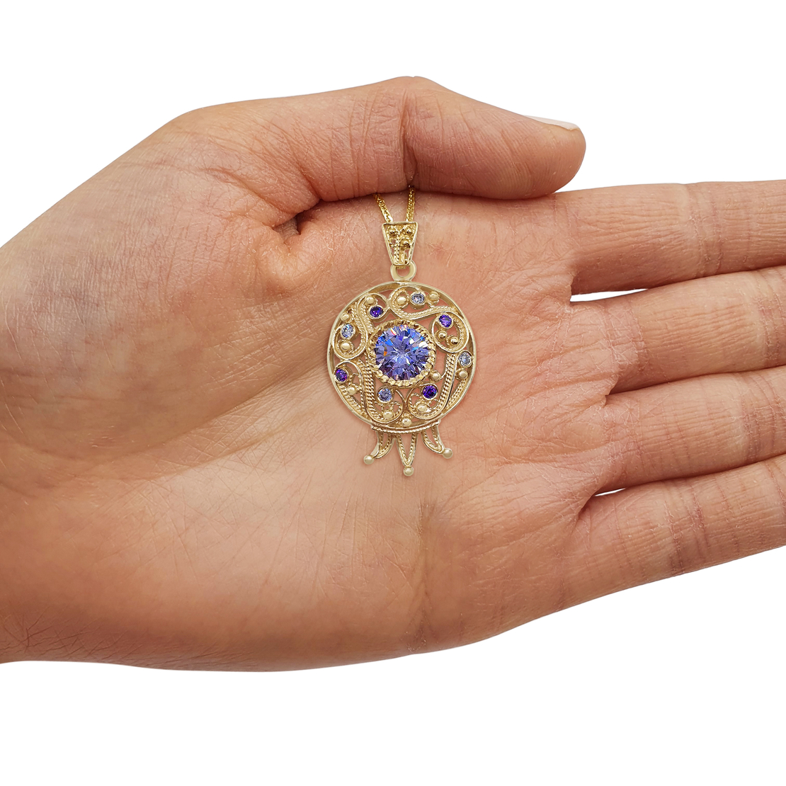 14K Gold Round Filigree Amethyst and Lavender Stone Pomegranate Pendant