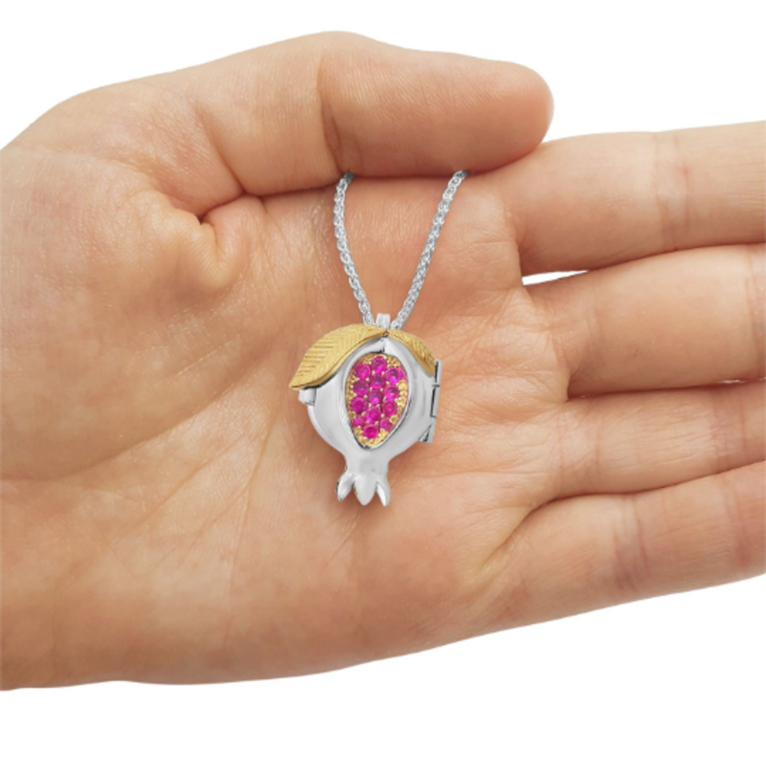 14K Gold Sterling Silver Ruby Shema Yisrael Pomegranate Locket Necklace