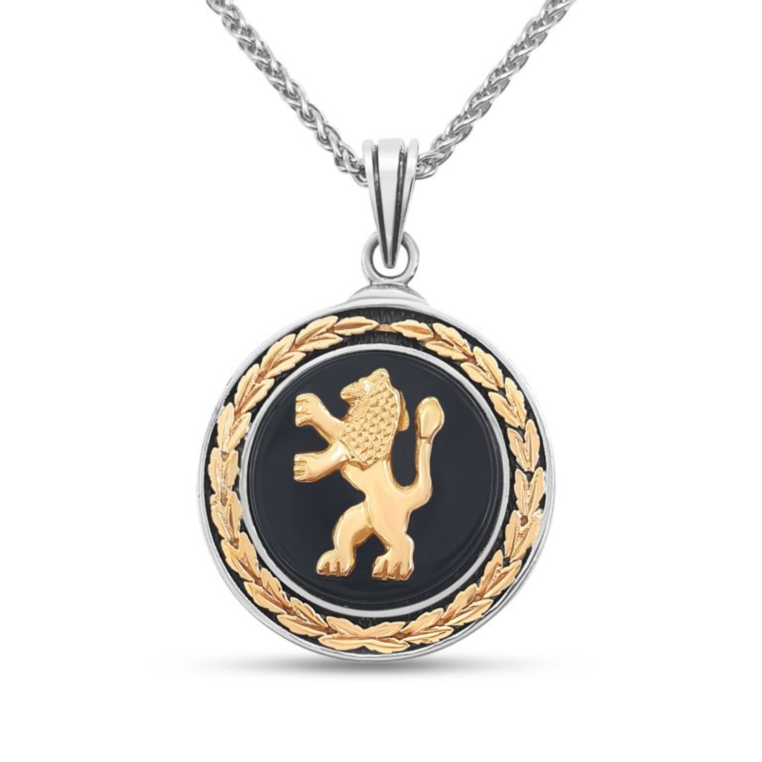 925 Sterling Silver and 14k Gold Lion of Judah Pendant with Round Onyx Stone