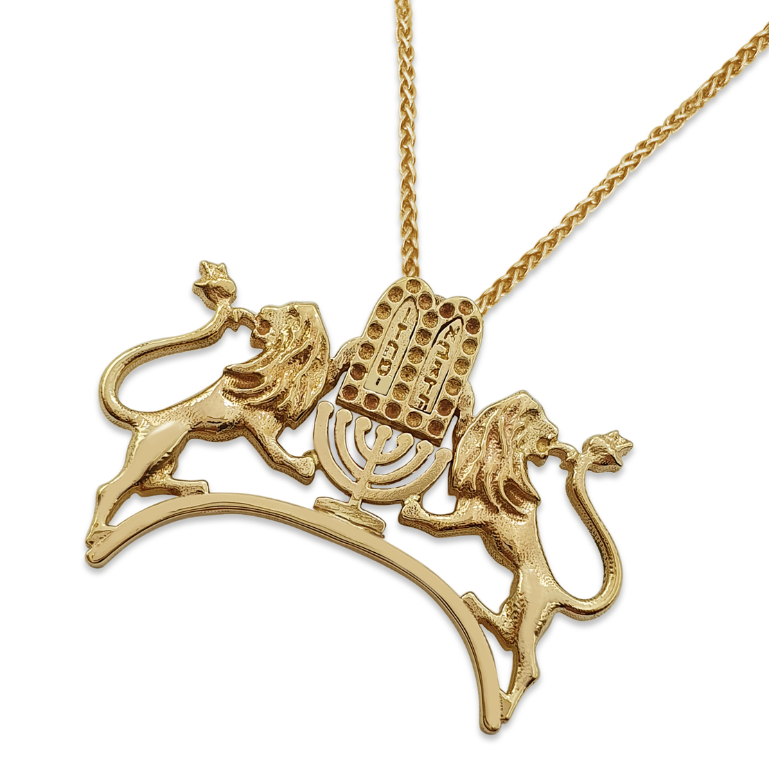 14k Gold Ten Commandments Lions with Menorah Pendant