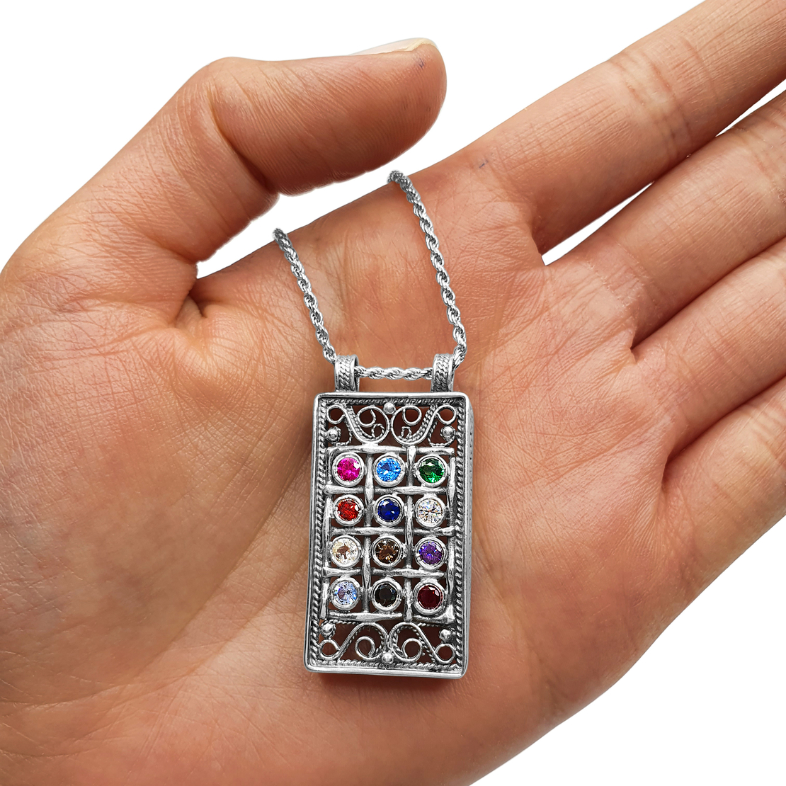 Sterling Silver Filigree Choshen tribes of Israel Necklace