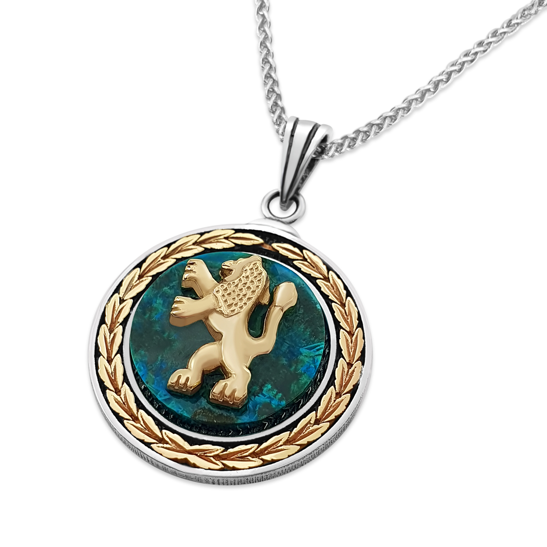 925 Sterling Silver And Gold Round Eilat Stone Lion of Judah Pendant