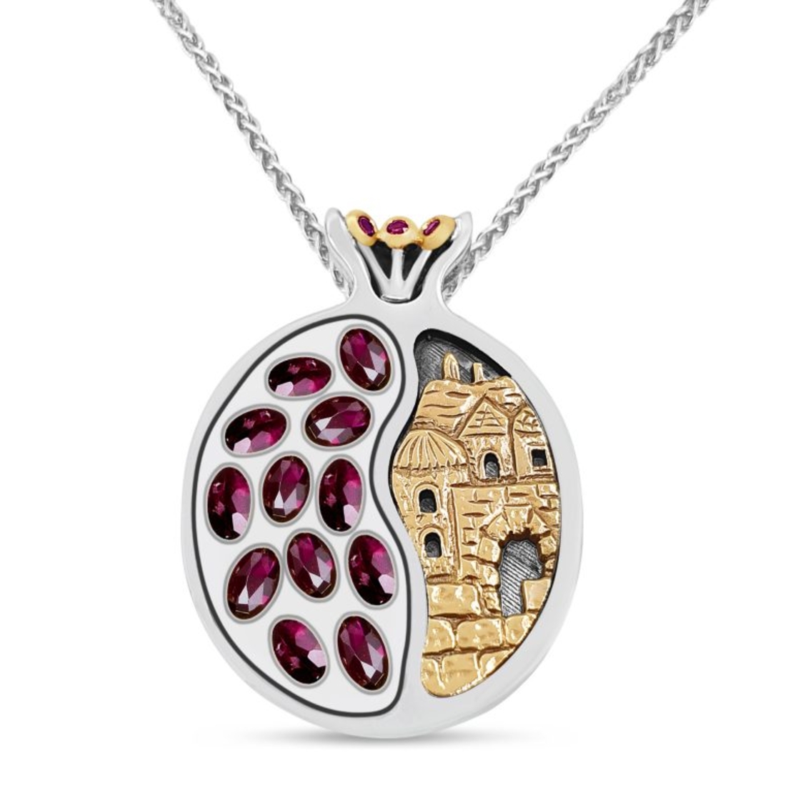 Jerusalem Old City Pomegranate Silver Gold & Garnet Necklace