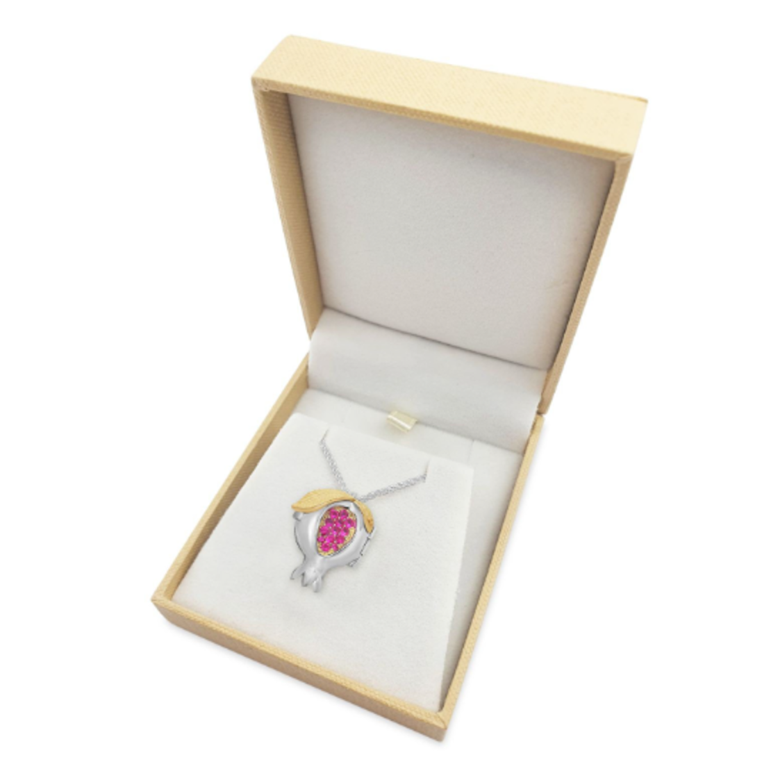 14K Gold Sterling Silver Ruby Shema Yisrael Pomegranate Locket Necklace