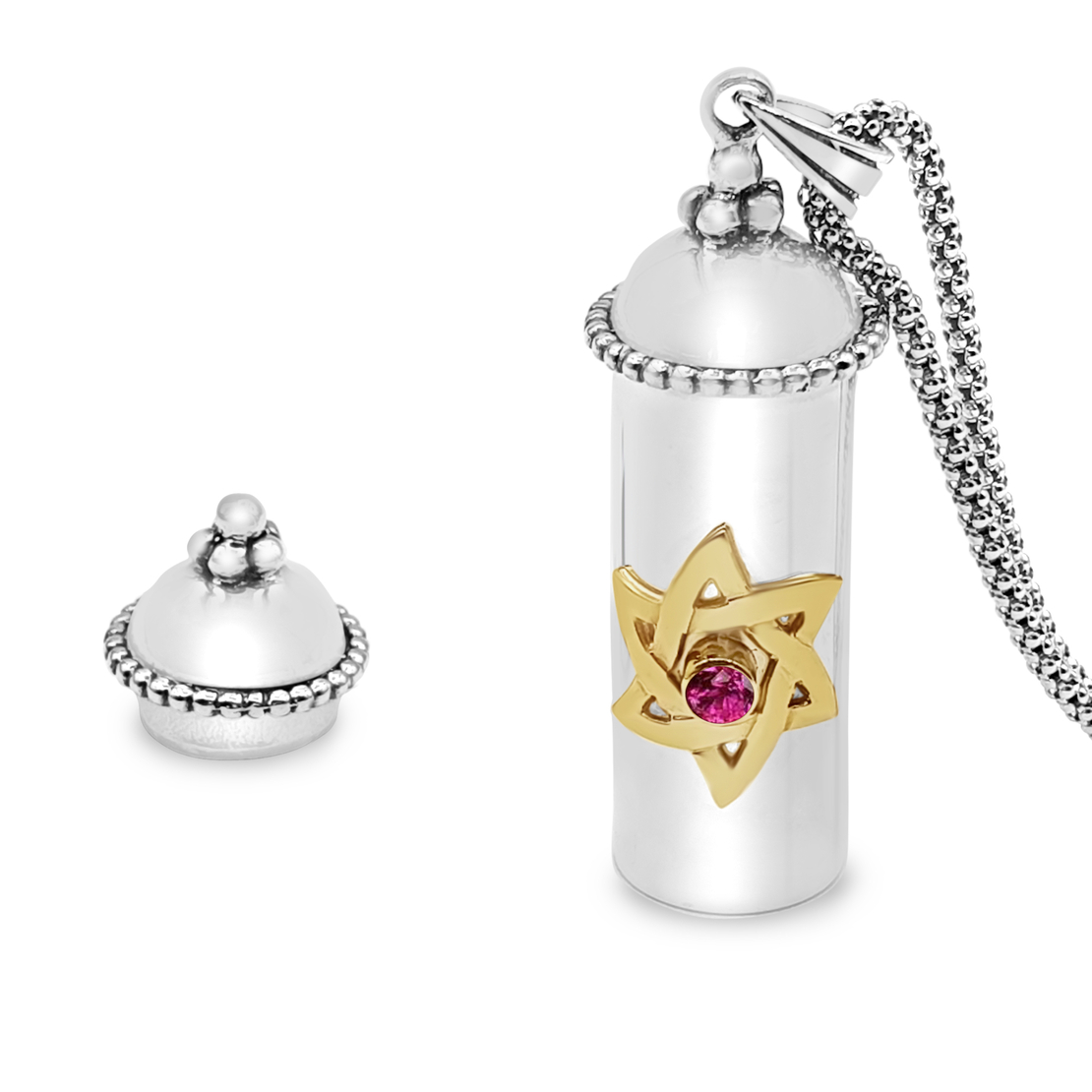 Sterling Silver Amulet Mezuzah Pendant Gold Star of David with Ruby