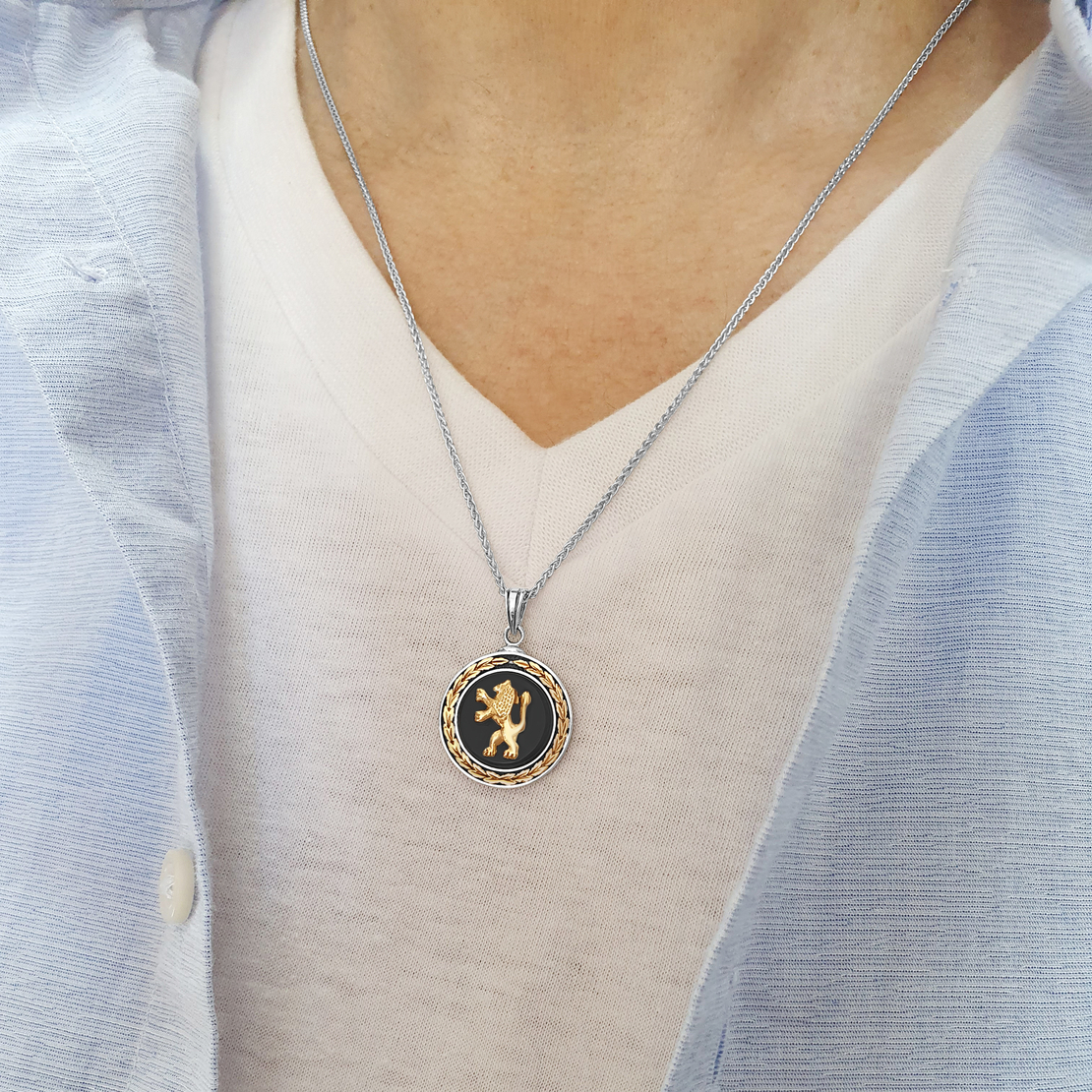 925 Sterling Silver and 14k Gold Lion of Judah Pendant with Round Onyx Stone