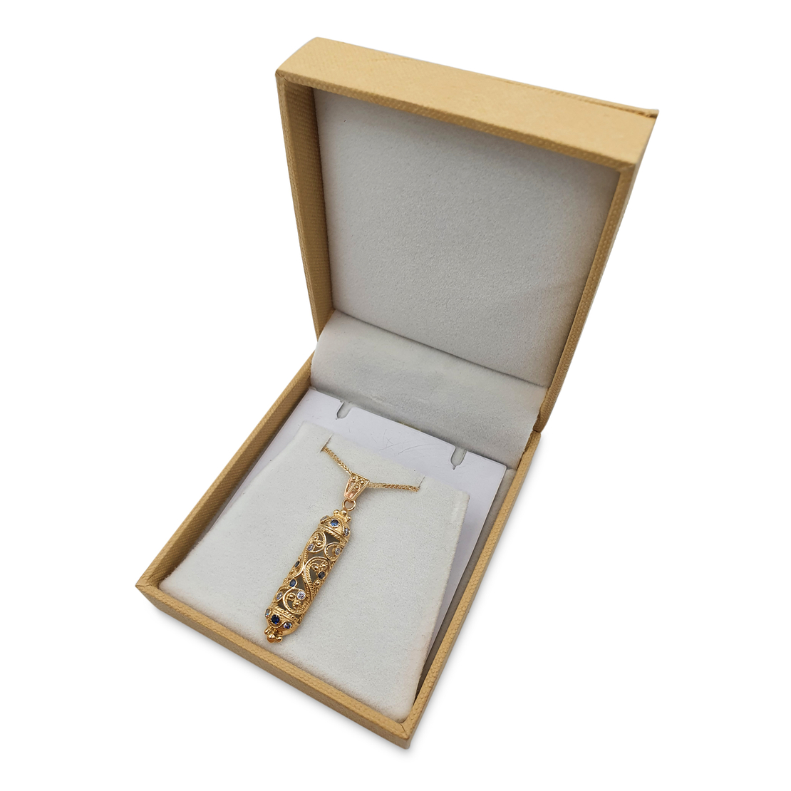 14K Yellow Gold Filigree Half Round Mezuzah Pendant with Sapphire and Lavender Stones
