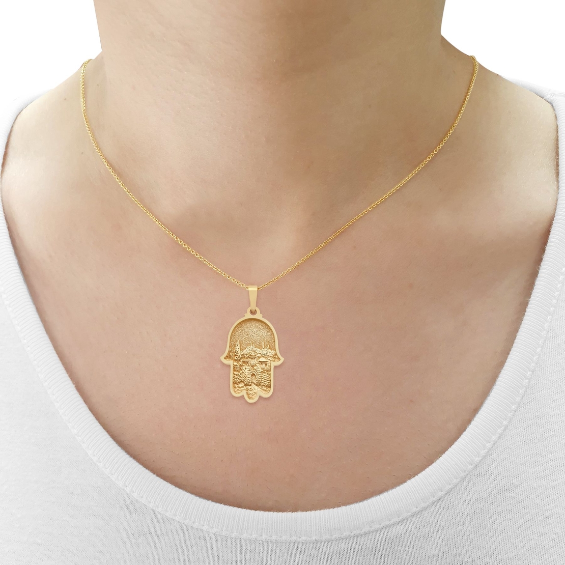 14K Solid Gold Jerusalem Hamsa Necklace
