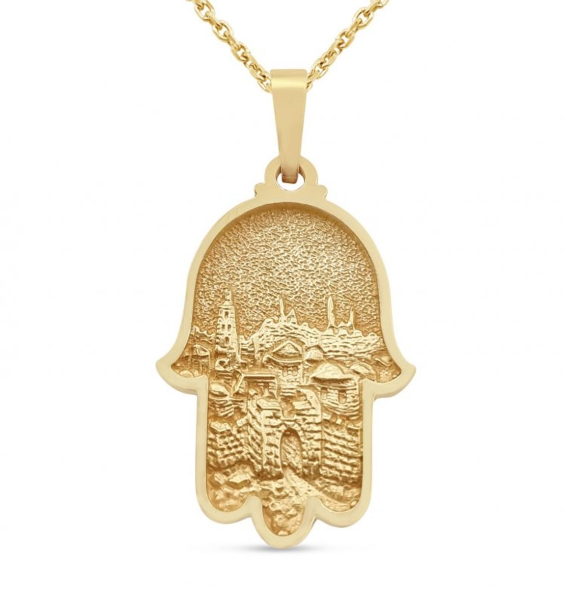 14K Solid Gold Jerusalem Hamsa Necklace