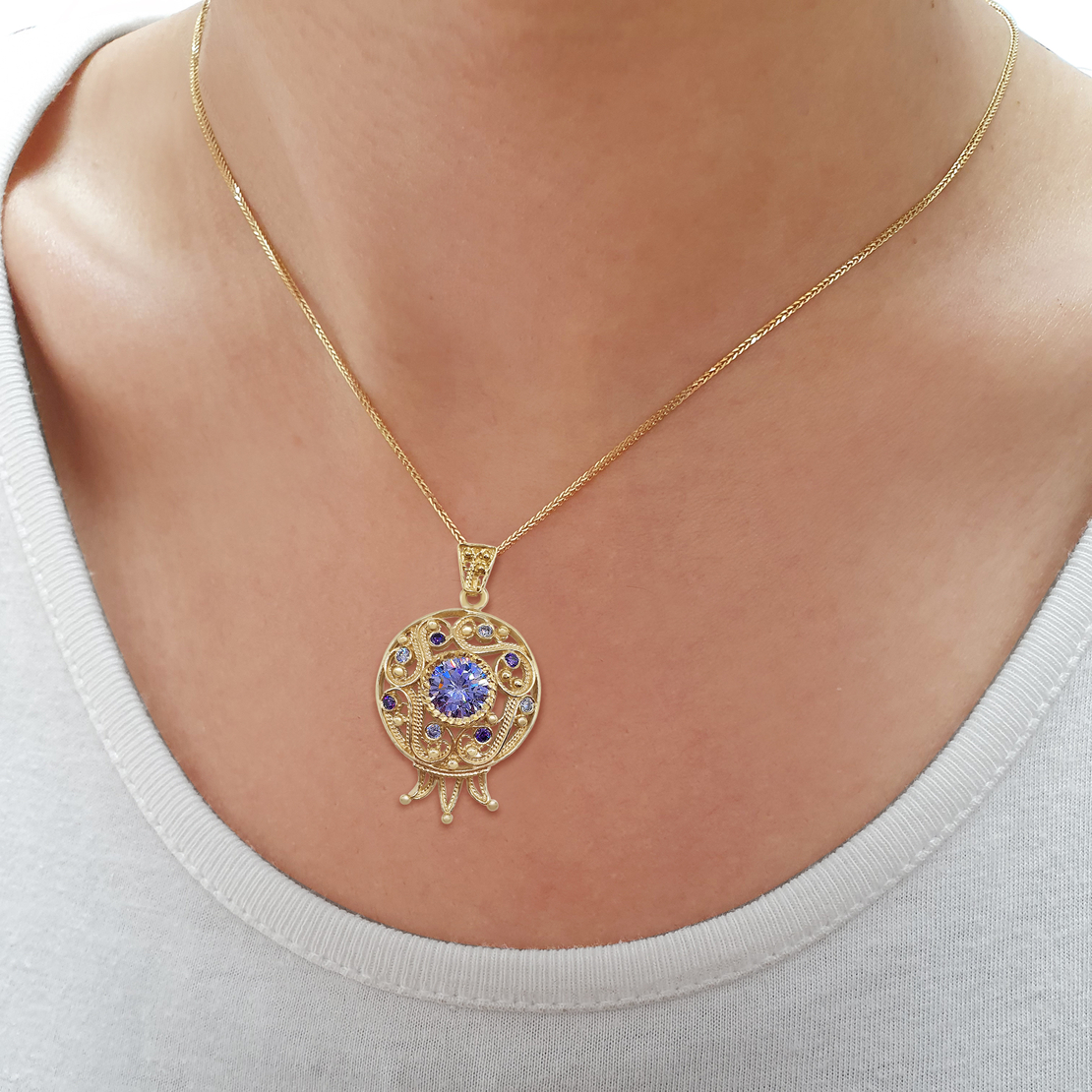 14K Gold Round Filigree Amethyst and Lavender Stone Pomegranate Pendant