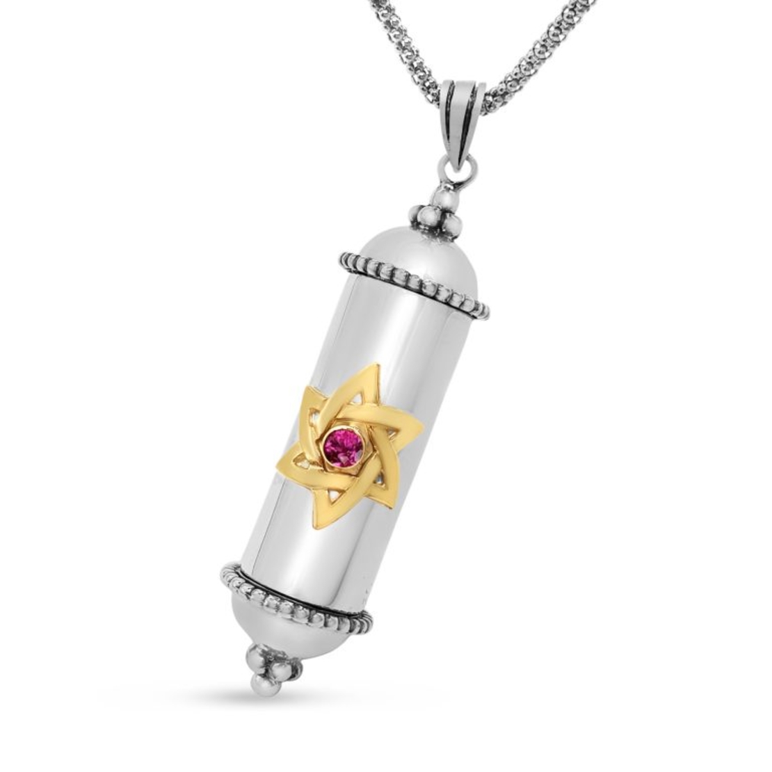 Sterling Silver Amulet Mezuzah Pendant Gold Star of David with Ruby