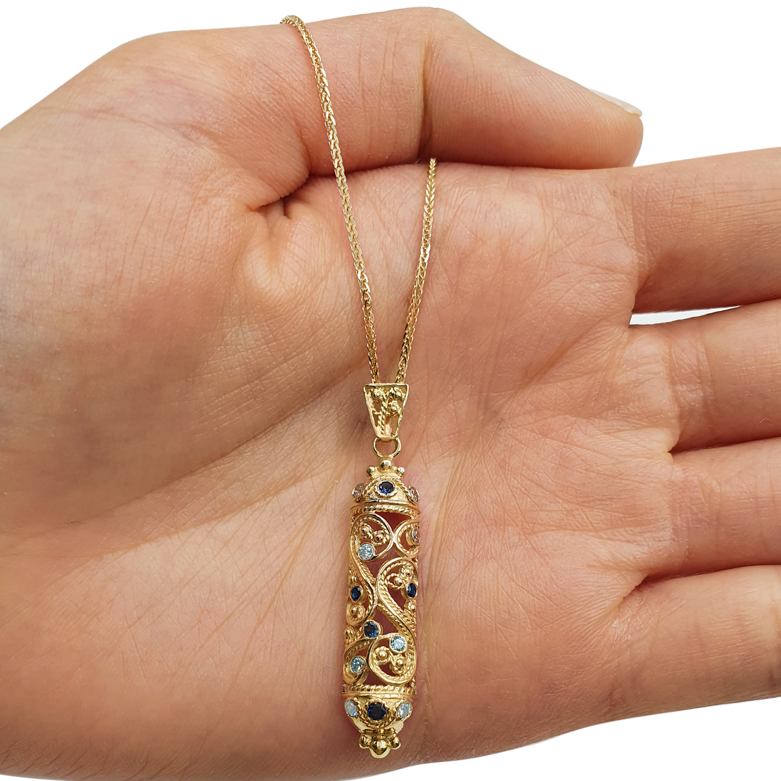 14K Yellow Gold Filigree Half Round Mezuzah Pendant with Sapphire and Lavender Stones