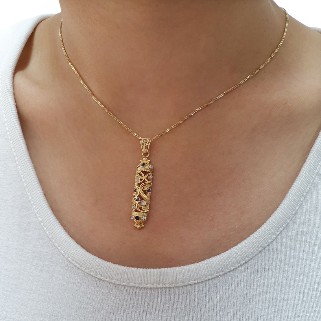 14K Yellow Gold Filigree Half Round Mezuzah Pendant with Sapphire and Lavender Stones