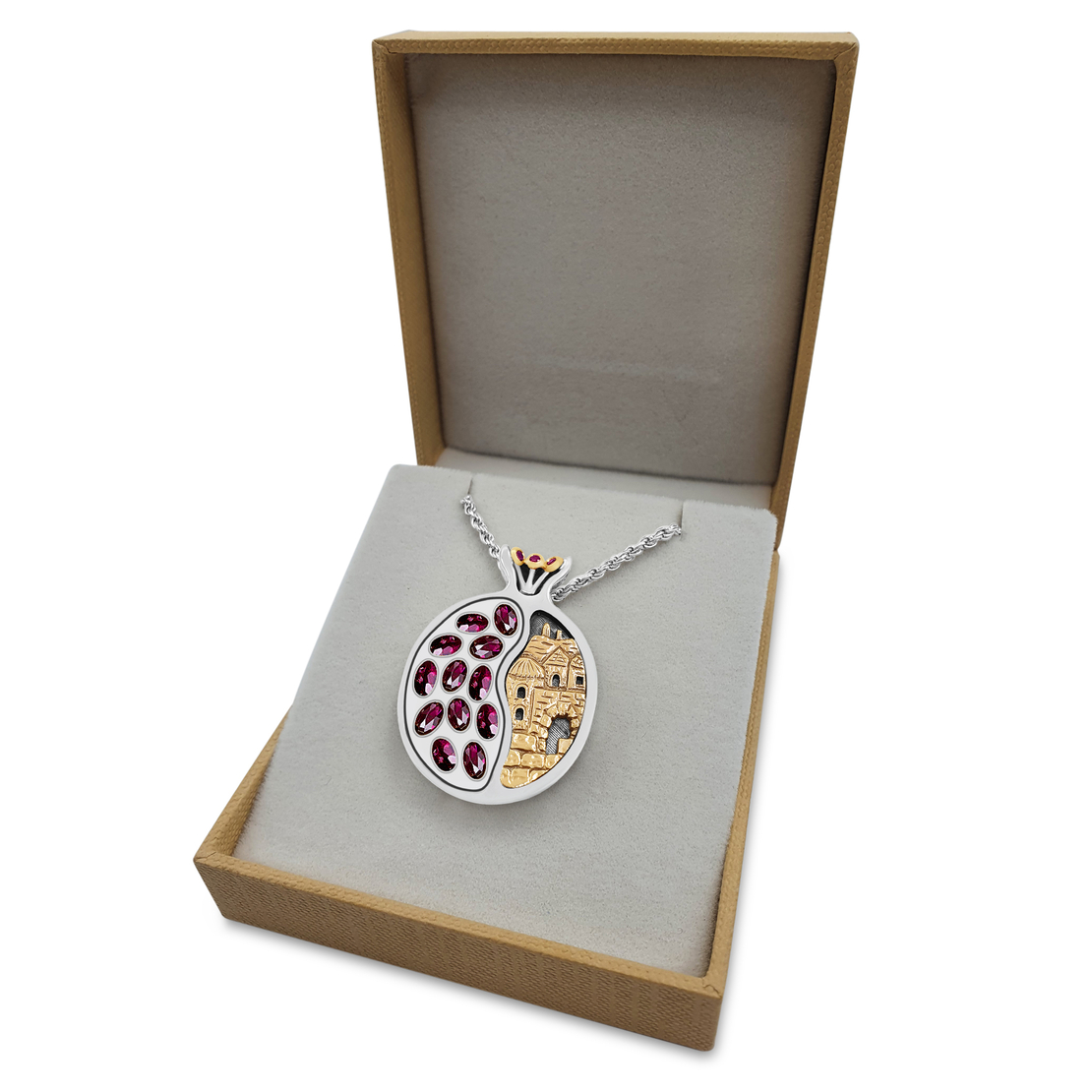 Jerusalem Old City Pomegranate Silver Gold & Garnet Necklace