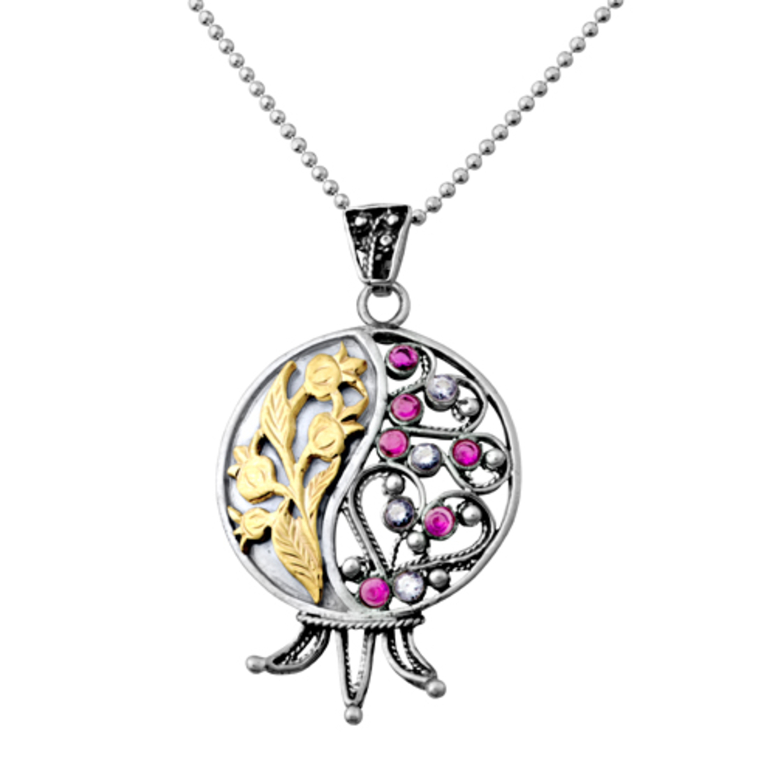 Combined Technique Pomegranate Filigree Silver & Gold with Rubies and Lavendar Stones
