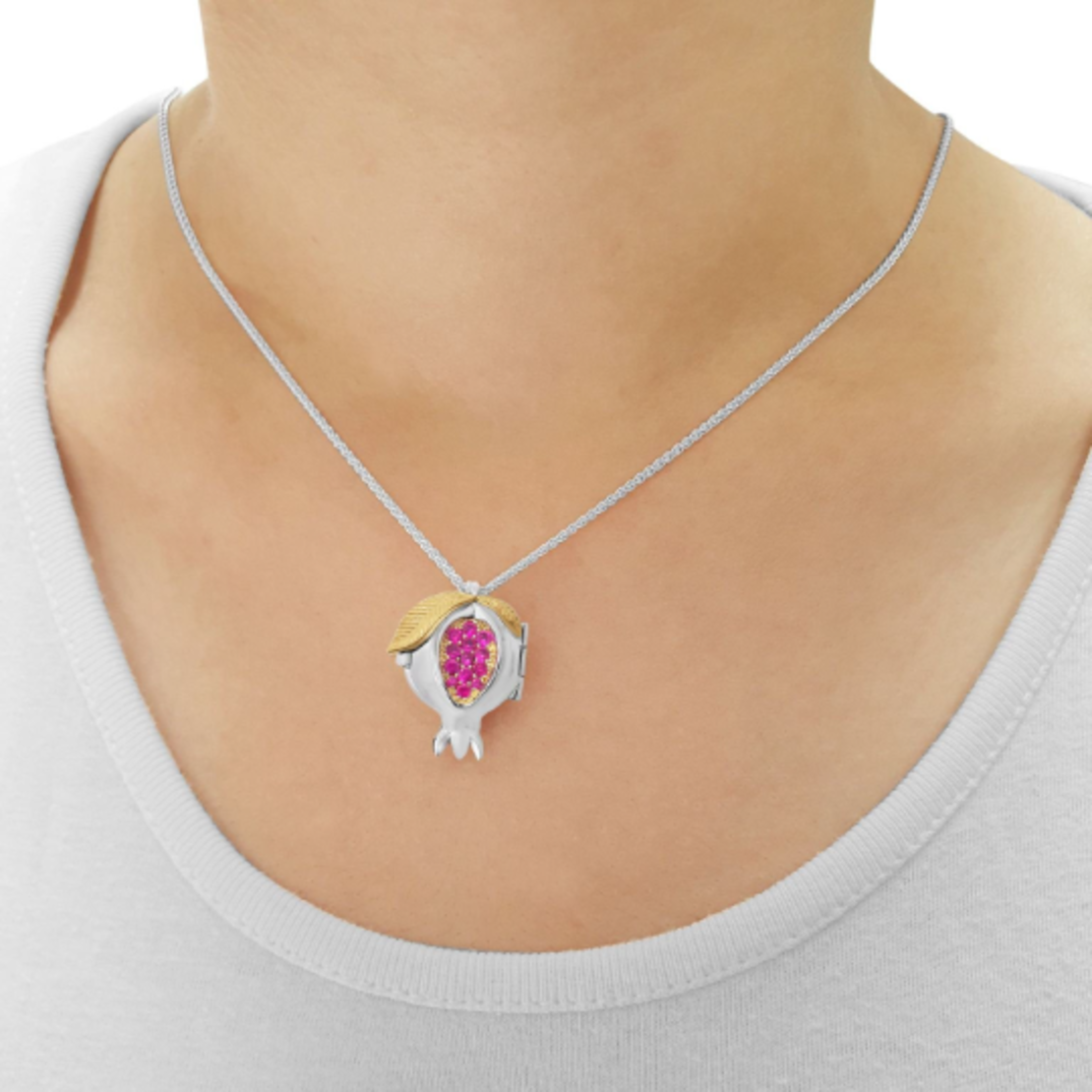 14K Gold Sterling Silver Ruby Shema Yisrael Pomegranate Locket Necklace