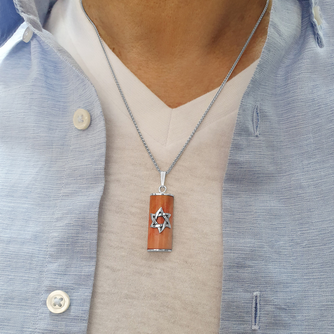 925 Sterling Silver and Jerusalem Stone Star of David Mezuzah Pendant