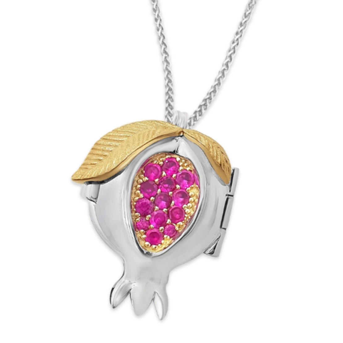 14K Gold Sterling Silver Ruby Shema Yisrael Pomegranate Locket Necklace