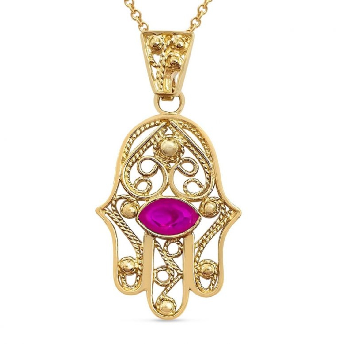 14K Gold Hamsa Filigree Pink Ruby Gemstone Pendant