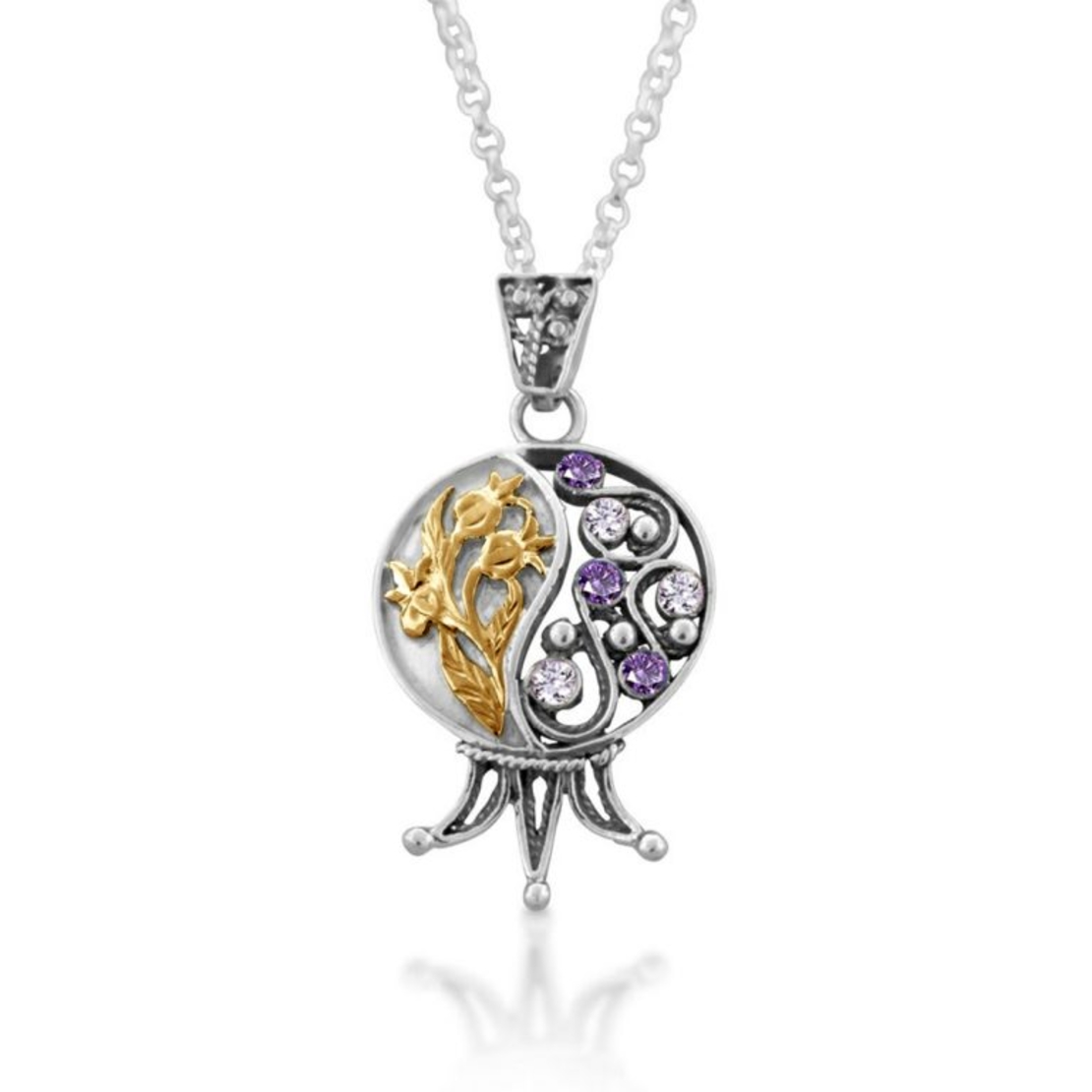 Sterling Silver Filigree Pomegranate With Gold Leaves And Lavender Stone And Amethyst Pendant