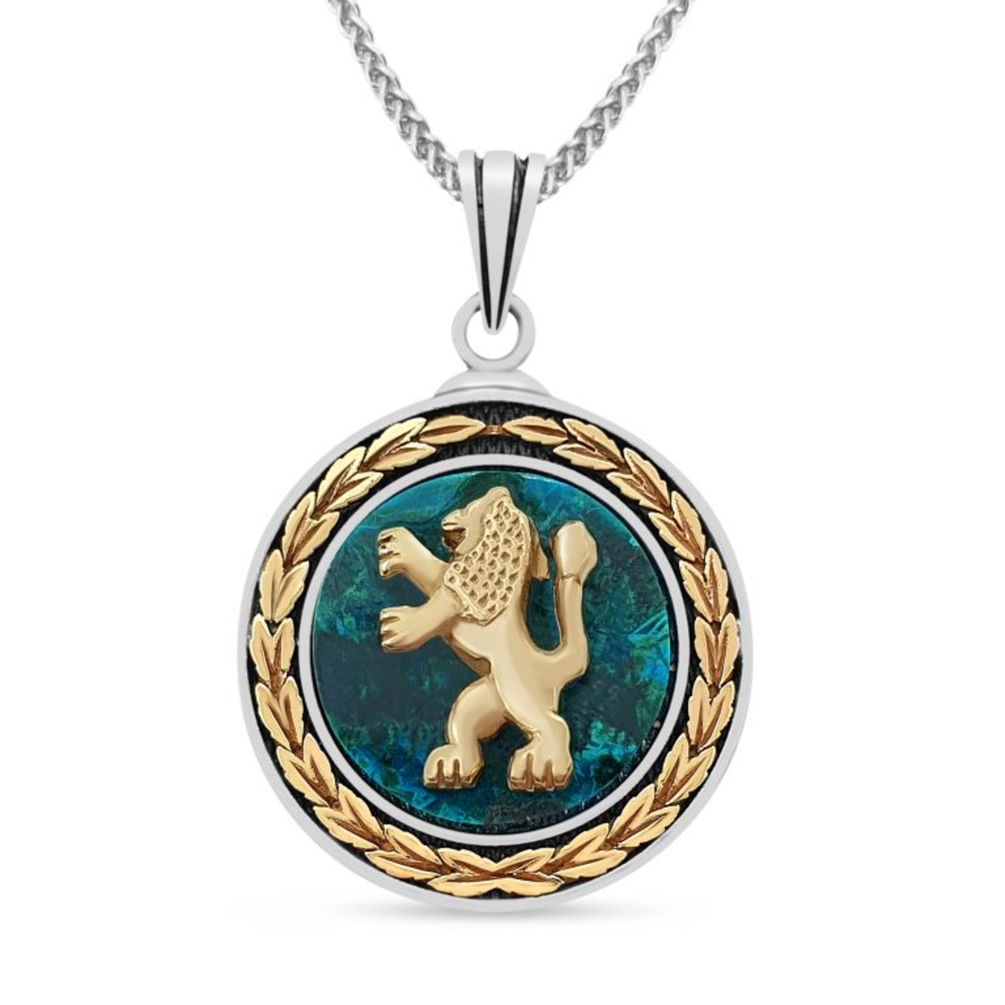 925 Sterling Silver And Gold Round Eilat Stone Lion of Judah Pendant