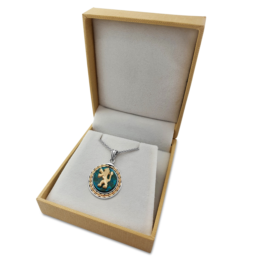 925 Sterling Silver And Gold Round Eilat Stone Lion of Judah Pendant
