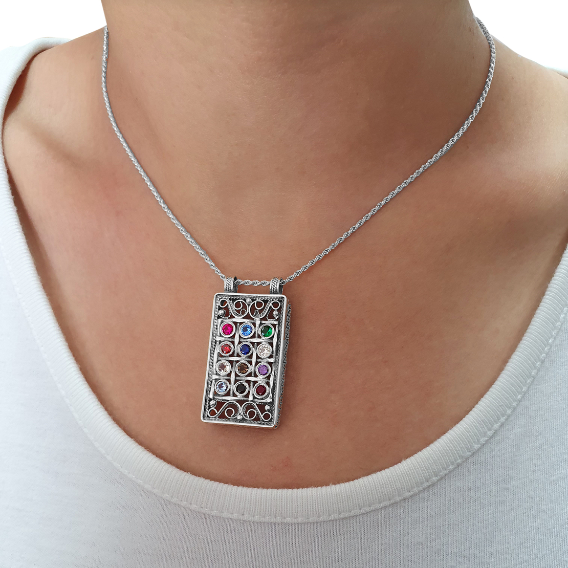 Sterling Silver Filigree Choshen tribes of Israel Necklace