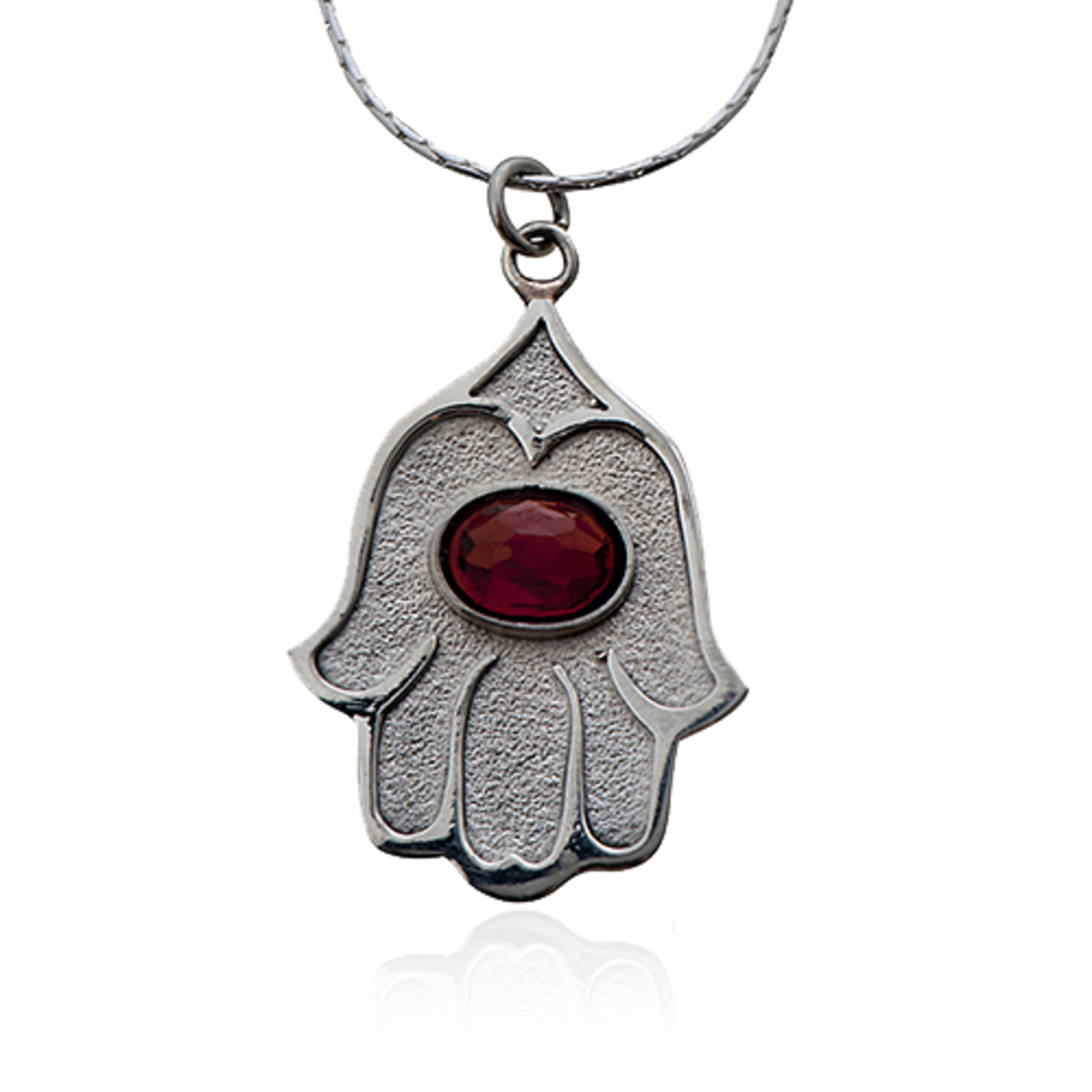 Shiny and Textured Silver Hamsa with Garnet