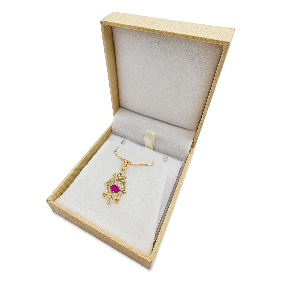 14K Gold Hamsa Filigree Pink Ruby Gemstone Pendant